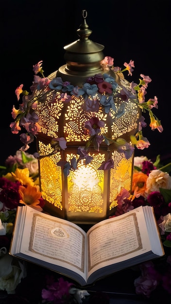 Lanterns and koran with flowers