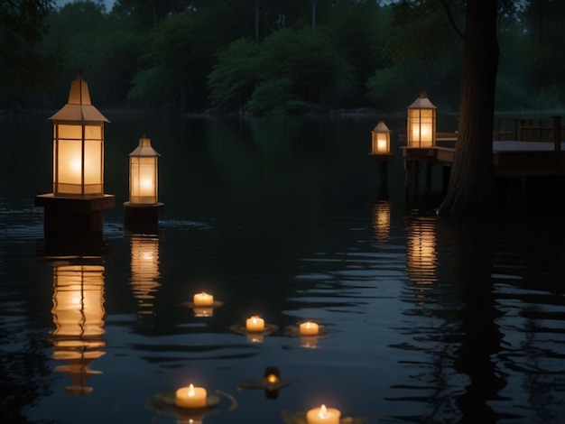 lanterns on a lake at night with a dock in the background