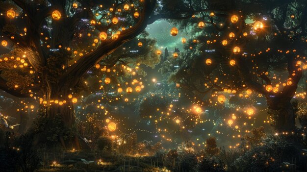 Photo lanterns made of glowing fireflies illuminate the treetops casting a warm glow upon the kingdom and