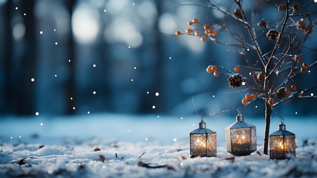 Photo lanterns in the snow with a tree in the background