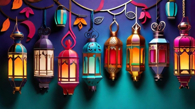 Photo lanterns surrounded by delicate floral patterns representing the joy and festivity of ramadan