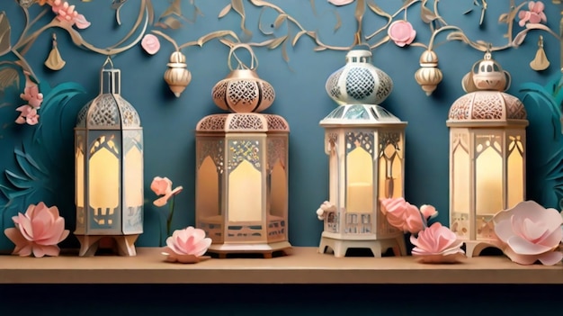 lanterns surrounded by delicate floral patterns representing the joy and festivity of Ramadan