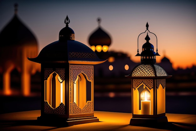 Lanterns with the lights lit up at night