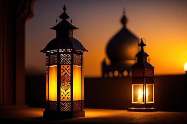 Lanterns with a mosque in the background