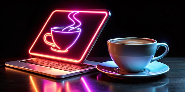 Photo lap top computer neon coffee cup isolated on black computer isolated on white neon sign coffee shop coffee shop advertising internet www world wide web neon