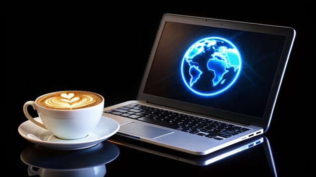 Photo lap top computer neon coffee cup isolated on black computer isolated on white neon sign coffee shop coffee shop advertising internet www world wide web neon