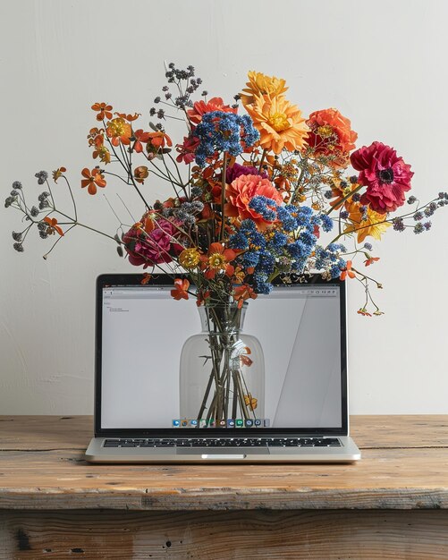 Photo laptop as a vase showing a web page flowers on top