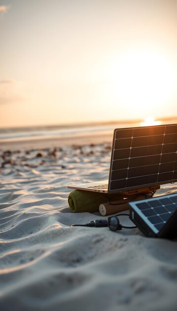 Photo a laptop on the beach with a solar panel on the top