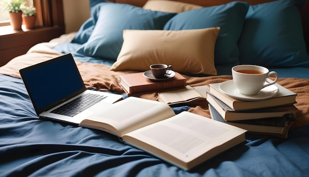 a laptop and books on a bed with a book on the bed and a cup of coffee