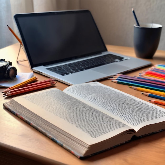 laptop books pencils on the table