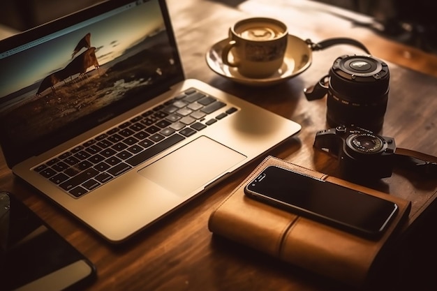 laptop and a camera on a table with a coffee cup