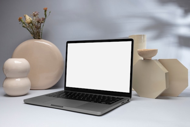 Laptop and ceramic pots arrangement