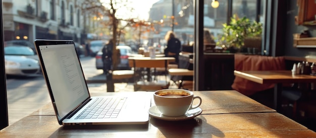 Photo laptop and coffee in a cozy cafe