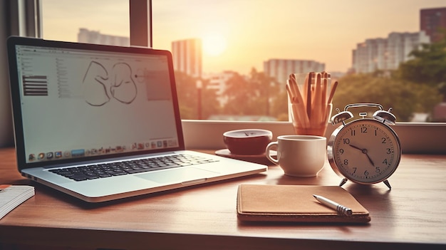 Photo laptop coffee cup and alarm clock on a desk with a city skyline view in the background