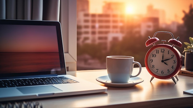 Photo laptop coffee cup and alarm clock on a desk with a cityscape in the background at sunrise