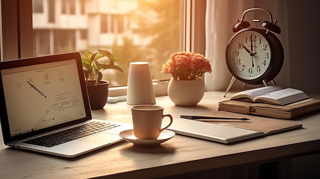 A laptop coffee cup notebook and alarm clock on a desk with a window in the background