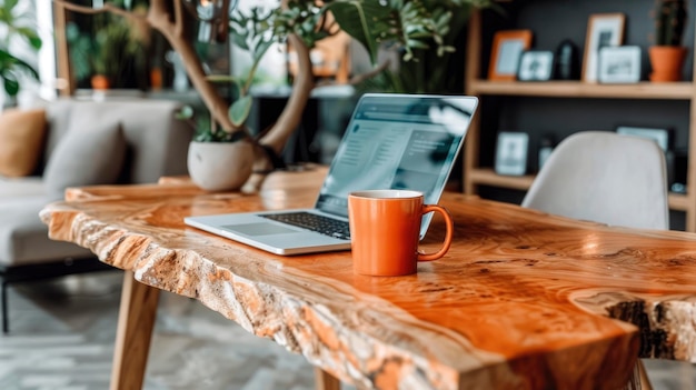 Photo laptop and coffee cup on a wooden desk