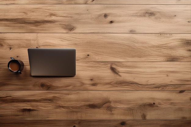 Photo laptop and coffee cup on wooden table top view with copy space