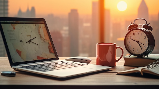 Photo a laptop coffee mug alarm clock and notebook on a desk overlooking a city skyline at sunrise