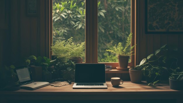 Photo laptop and coffee on a table near window with plants ar 169 niji 6 job id c65ff017ce8a456498b0ceeddc5dfc79