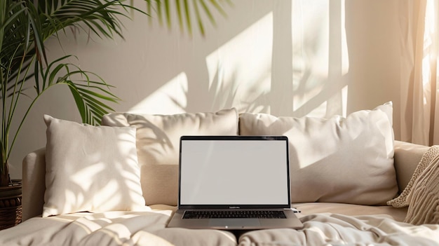 Laptop Computer on Beige Sofa with Pillows Modern Home Office Setup