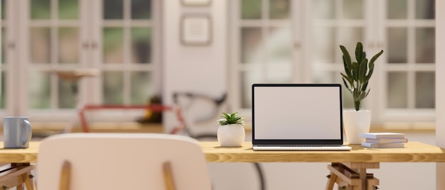 Laptop computer blank screen mockup on wooden table in minimal comfortable living room 3d render