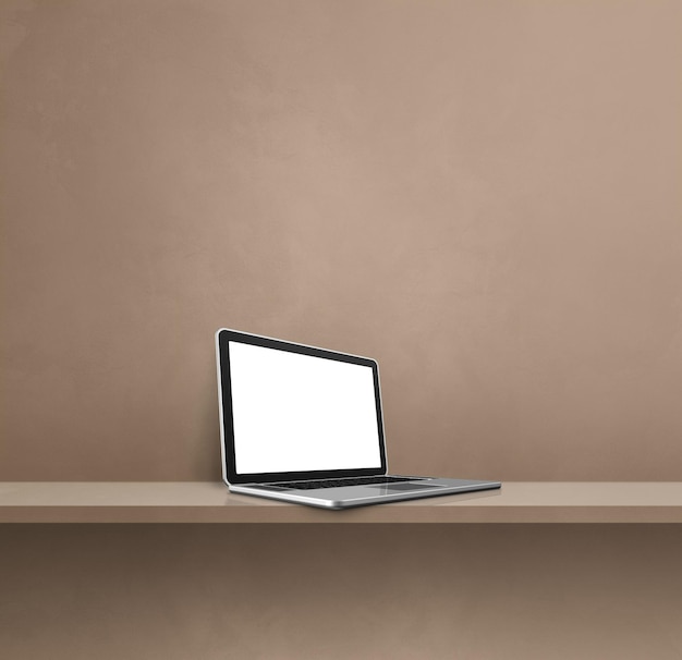 Laptop computer on brown shelf Square background