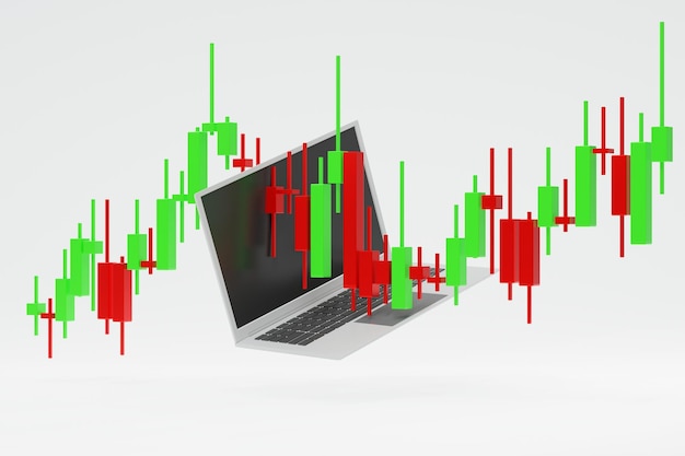 Photo laptop computer and candle stick chart showing upside or downside trend of stock market or cryptocurrency diagram 3d rendering