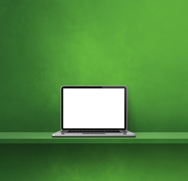 Laptop computer on green shelf Square background