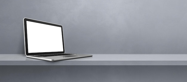 Laptop computer on grey shelf background banner. 3D Illustration