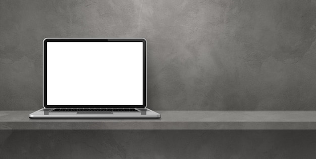 Laptop computer on grey shelf background banner