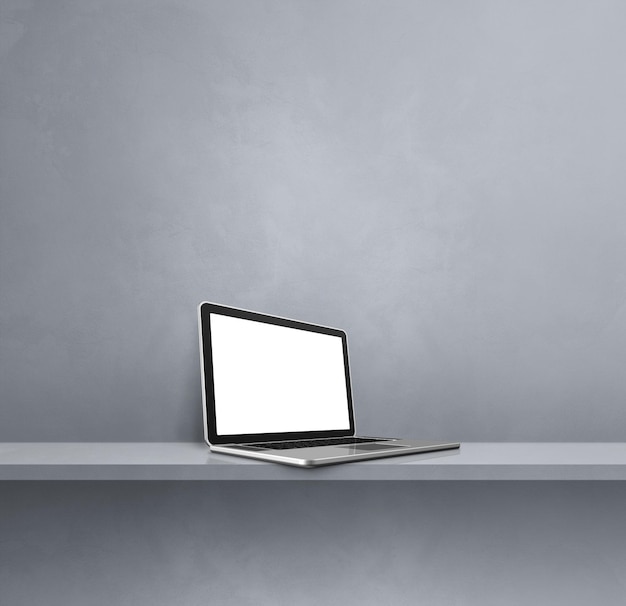 Laptop computer on grey shelf Square background