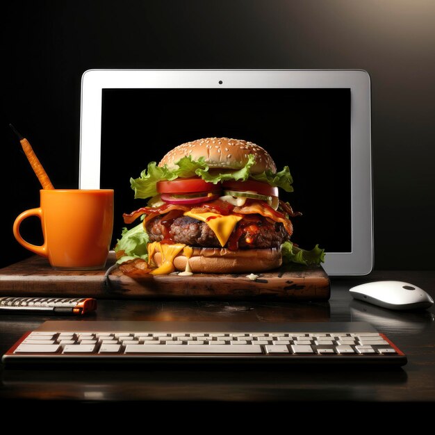 Photo a laptop computer and a hamburger on a desk