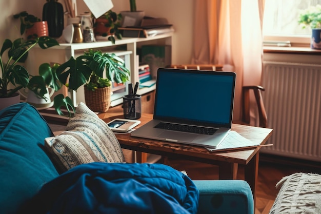 Photo a laptop computer is placed on a wooden table a clutterfree workspace at home promoting productivity ai generated