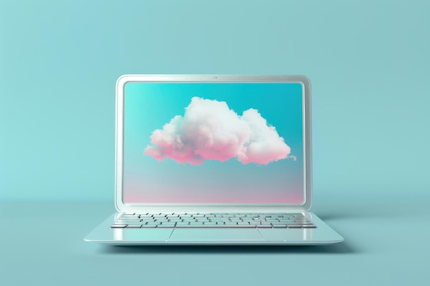 A laptop computer is shown with a cloud of cottony white clouds surrounding it