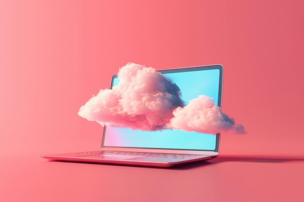 A laptop computer is shown with a cloud of cottony white clouds surrounding it