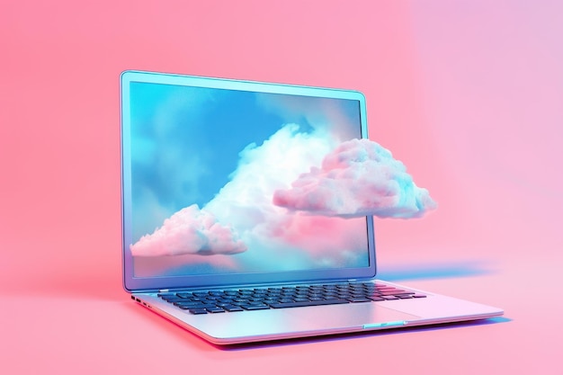 A laptop computer is shown with a cloud of cottony white clouds surrounding it