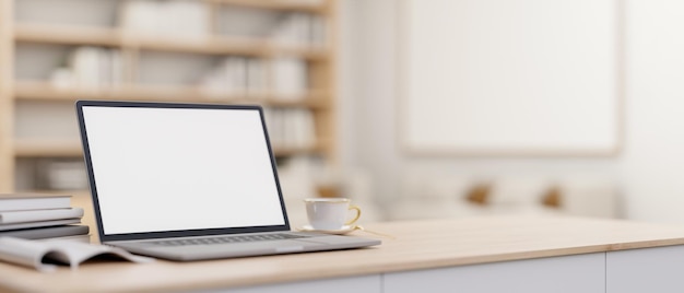 A laptop computer mockup on a minimal wooden table in a contemporary luxurious home office