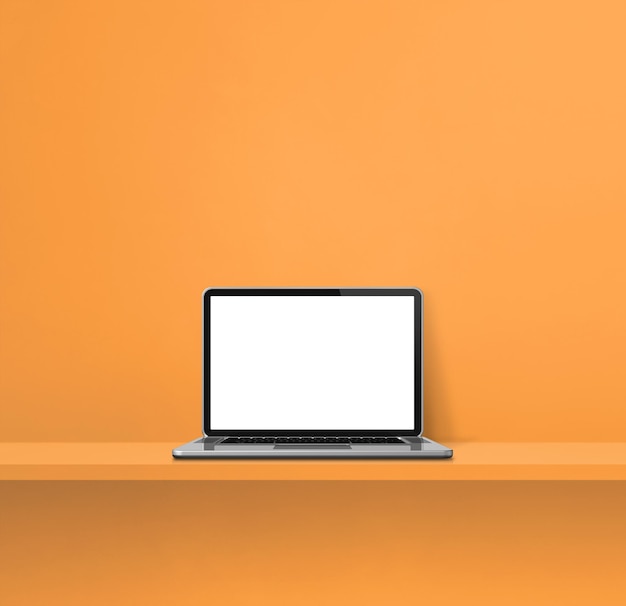 Laptop computer on orange shelf Square background