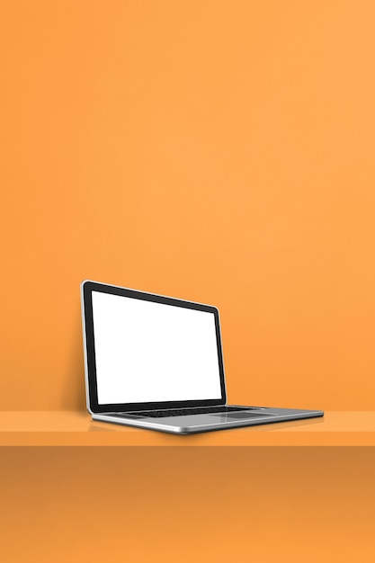 Laptop computer on orange shelf. Vertical background. 3D Illustration