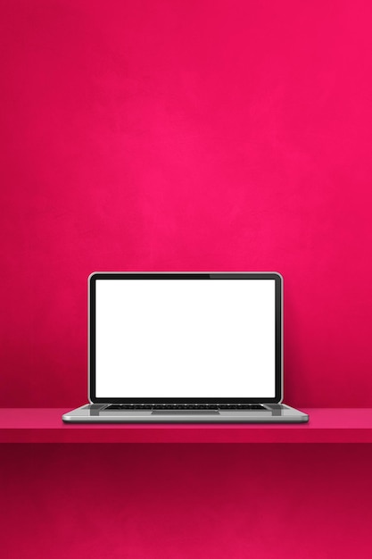 Laptop computer on pink shelf. Vertical background. 3D Illustration