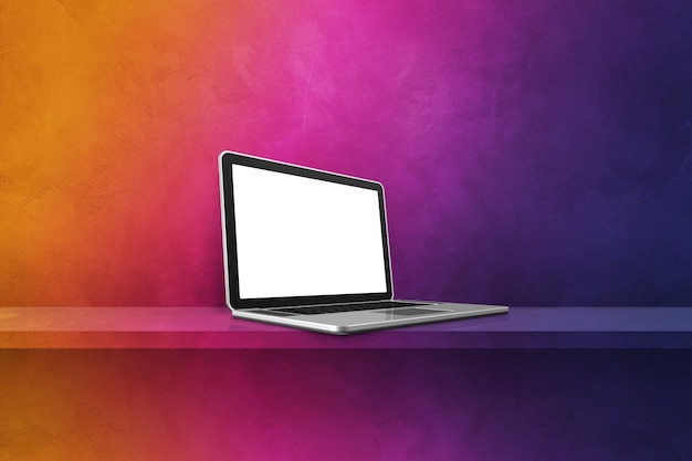 Laptop computer on rainbow shelf background