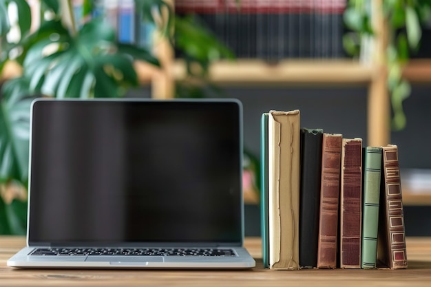 Photo a laptop computer and a row of books rest on a wooden desk symbolizing contemporary education and learning generative ai