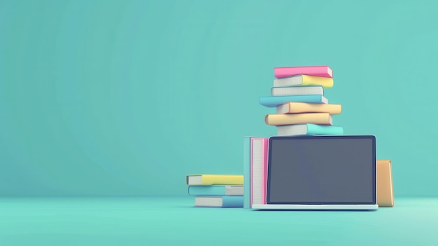 Photo a laptop computer sits on a blue background with a stack of colorful books representing modern education and the blending of traditional and digital learning generative ai