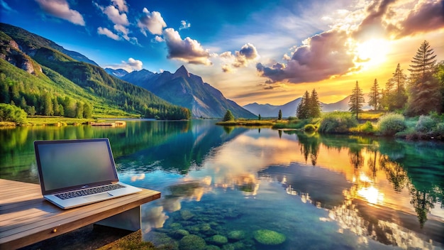 Photo a laptop computer sits on a lake with mountains in the background