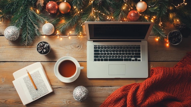 Photo a laptop computer sits on a wooden table with a christmas tree and a book on the table