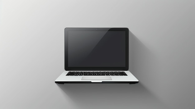 A laptop computer with a blank screen sits on a white surface with a long shadow