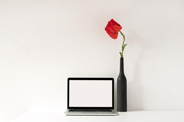 Photo laptop computer with blank screen on table with elegant poppy flower in bottle against white wall aesthetic influencer minimalist styled office workspace interior design template with copy space