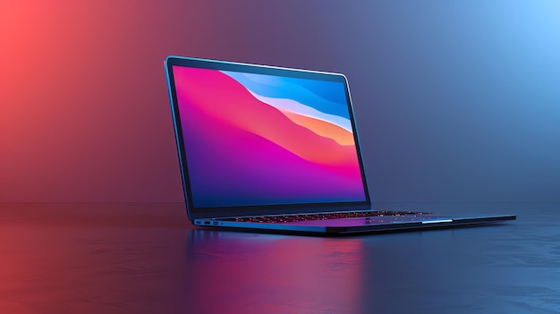 A laptop computer with a colorful abstract background on the screen on a black surface against a blue and red background