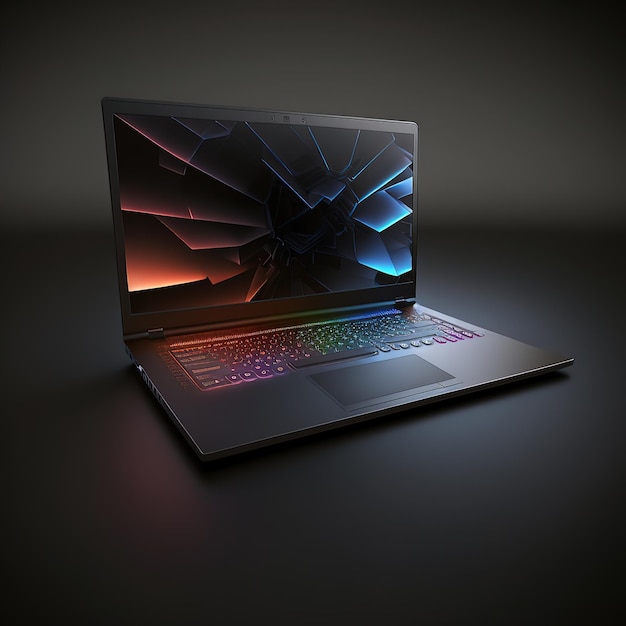 Laptop computer with lighting on a dark background 3d illustration